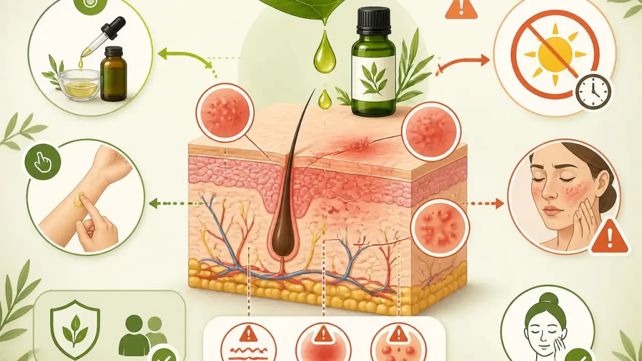 Huile essentielle de tea tree pour soulager l'eczéma. Illustration montrant l'application sur la peau et les effets apaisants.