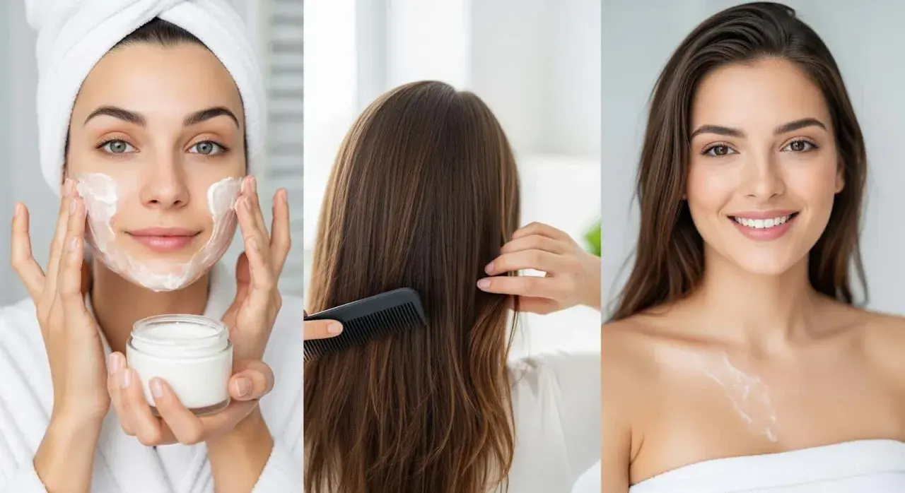 Soins du visage et des cheveux : une femme applique une crème, se peigne les cheveux. Attention, le panthénol peut présenter un danger.