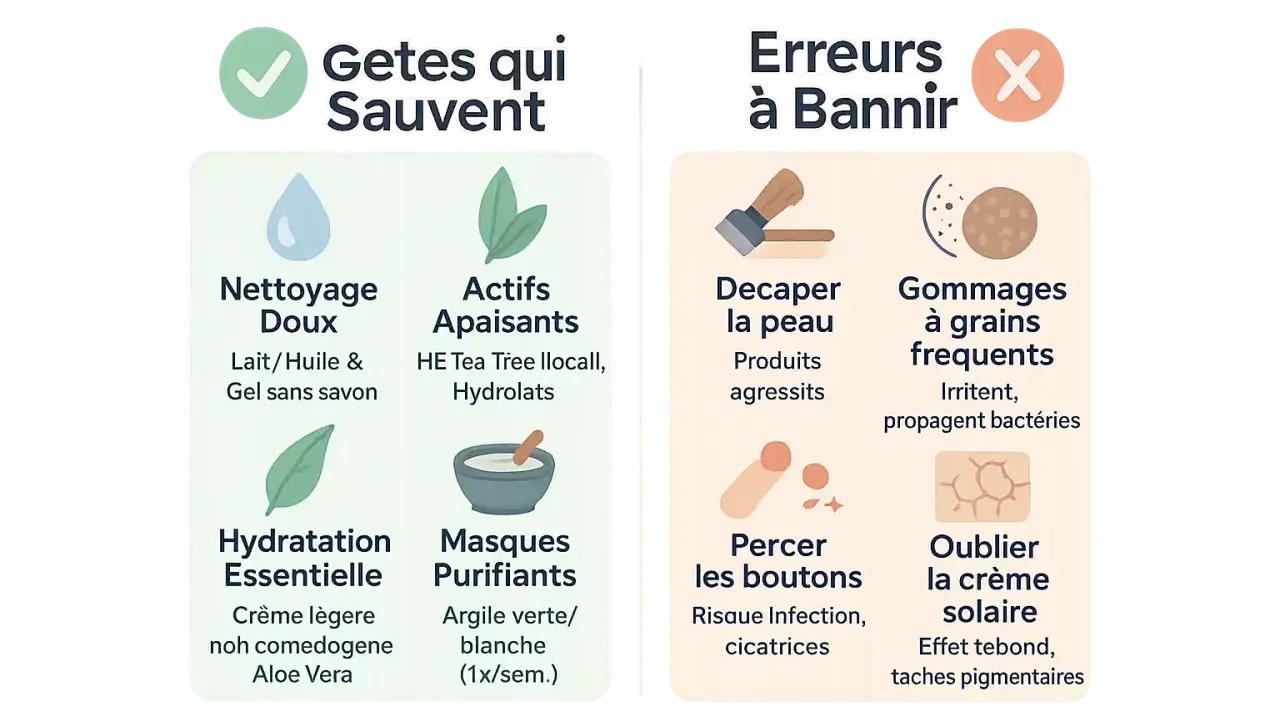 Conseils pour une peau à imperfections : nettoyage doux, actifs apaisants, hydratation essentielle, masques purifiants. À éviter : décaper la peau, gommages fréquents, percer les boutons, oublier la crème solaire.
