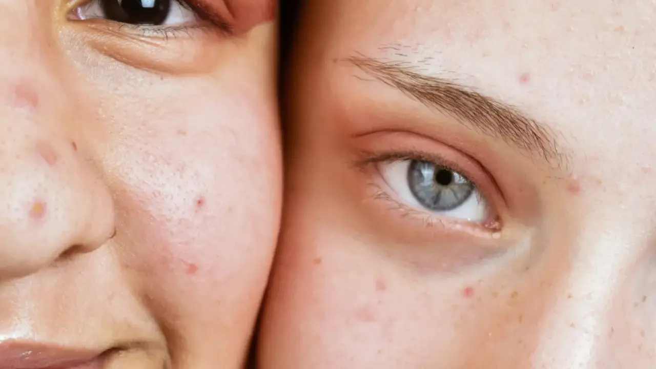 Gros plan sur deux visages, montrant des imperfections cutanées, un bouton stress visible sur la joue de l'une d'elles.