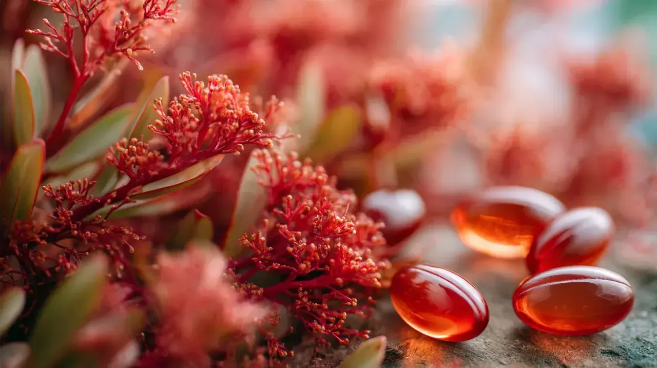 Gélules rouges orangées près de plantes rouges. L'astaxanthine, bien que bénéfique, peut présenter un danger si mal dosée.