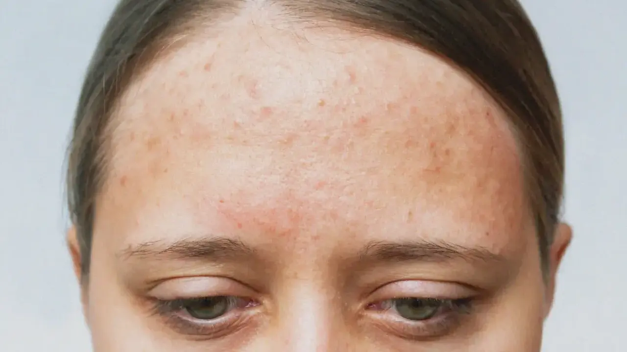 Front de la peau avec des rougeurs et des imperfections, signes d'acné rétentionnelle.