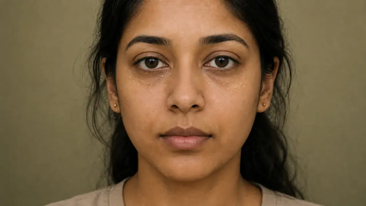 Visage d'une jeune femme avec de petits points blancs sous les yeux, indiquant un grain de milium infecté.