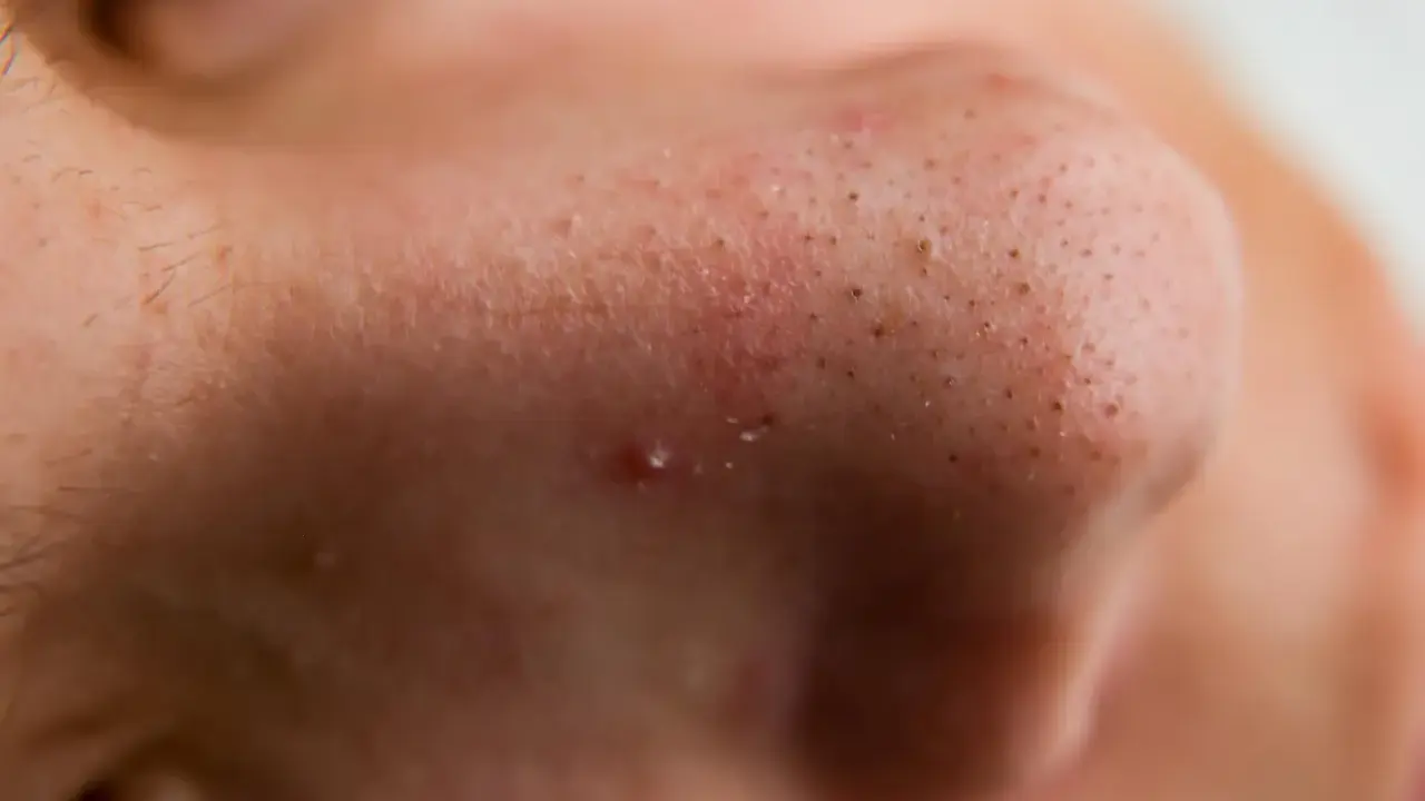 Gros plan sur un nez avec des pores visibles et un bouton avec point noir au milieu.