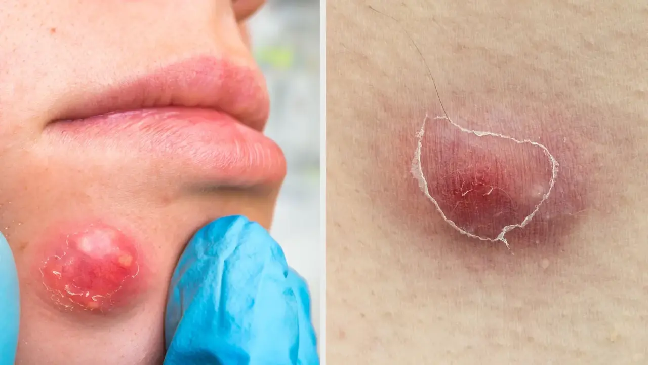 Gros bouton blanc sur la joue, examiné par une main gantée de bleu. Un autre bouton rouge et enflammé sur la peau.