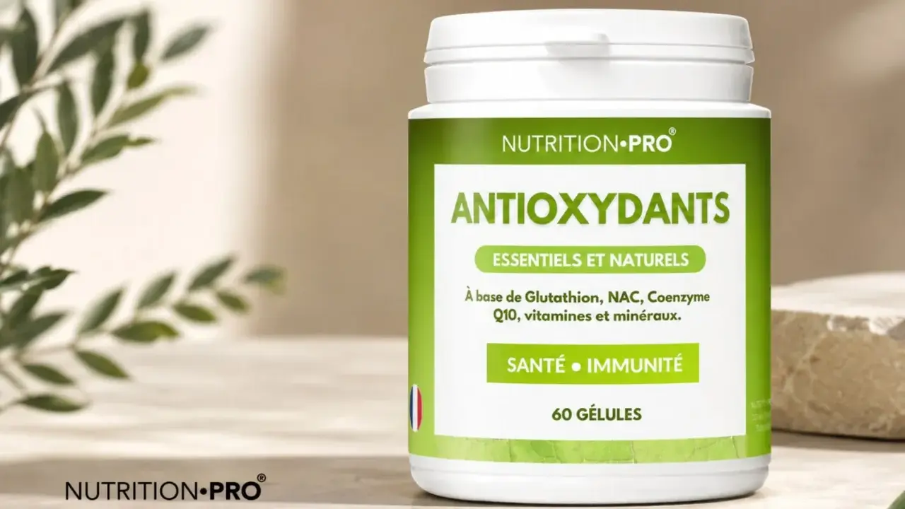 Flacon de compléments "Antioxydants" de Nutrition Pro, essentiels et naturels pour la santé et l'immunité.