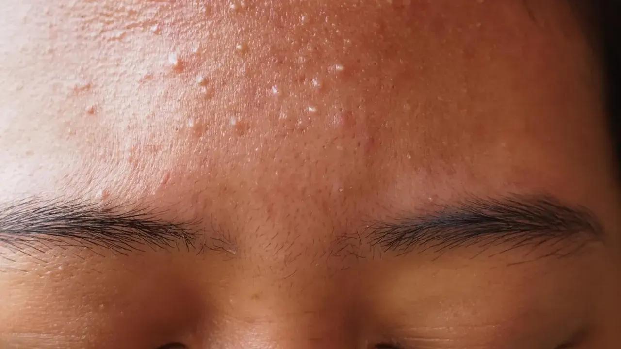Gros plan sur le front d'une personne avec de nombreux petits boutons blancs, signe d'une peau à imperfections.