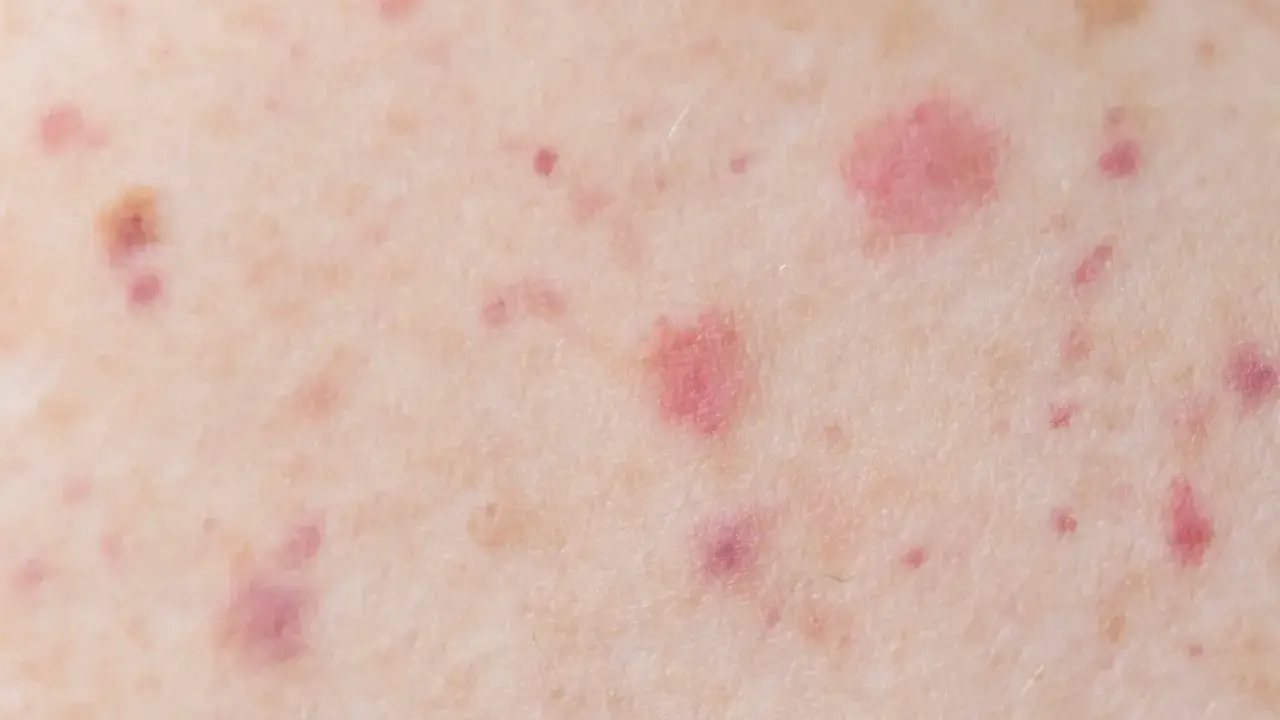 Gros plan sur une peau présentant des pétéchies et des signes de vieillissement cutané, avec des taches rouges et des irrégularités de texture.