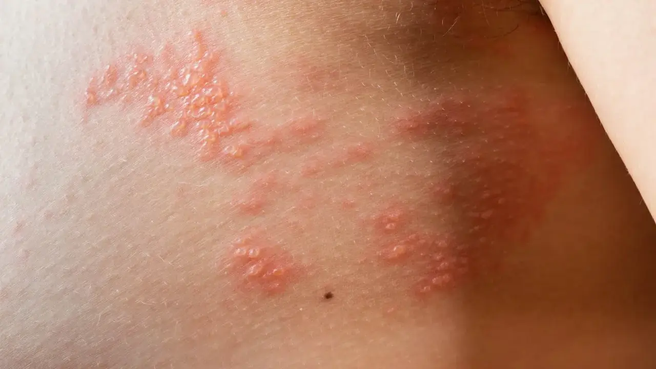 Peau irritée avec un petit bouton cloque qui gratte, formant des grappes rouges et enflammées.