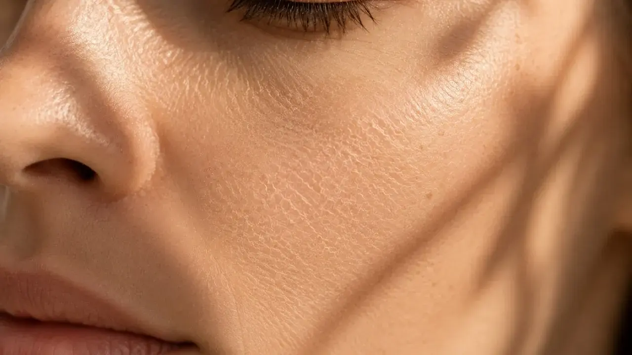Gros plan sur une joue présentant une peau sèche et craquelée, accentuée par des ombres douces.