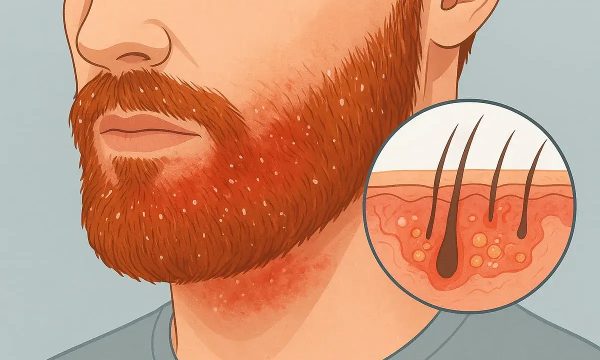 Gros plan sur une barbe rousse avec des pellicules. Un cercle montre une coupe de peau avec des follicules pileux.