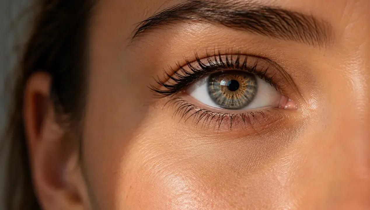 Œil humain aux iris verts et bruns, reflet de la lumière. L'astaxanthine bienfaits pour la peau et la vision sont visibles ici.