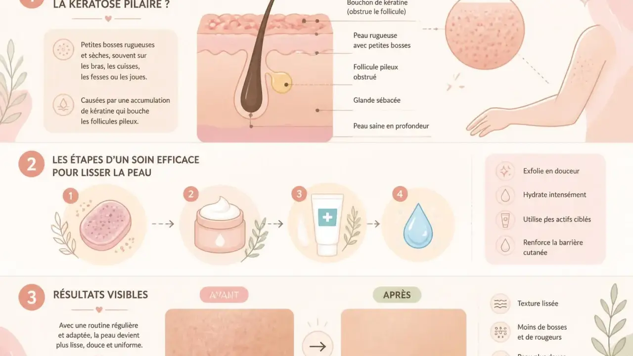 Illustration expliquant la kératose pilaire, une affection cutanée courante sur la peau noire, causant des bosses. Elle montre les étapes d'un soin pour lisser la peau.