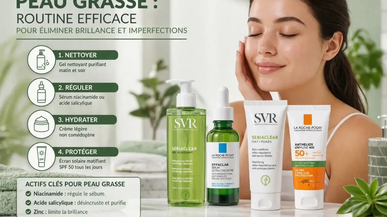 Routine efficace pour peau grasse : nettoyer, réguler avec niacinamide, hydrater, protéger. Acide salicylique et zinc sont clés.