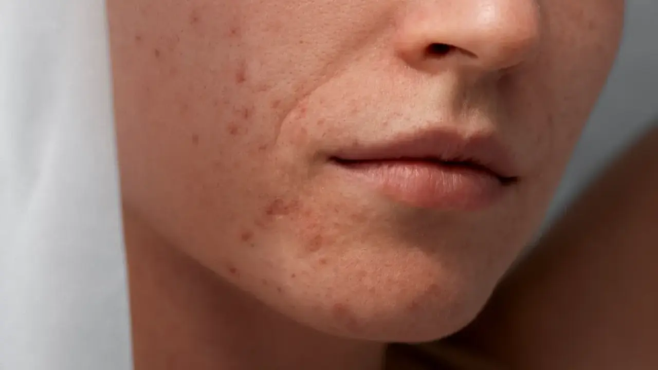 Gros plan sur le visage d'une femme montrant des rougeurs et des imperfections, typiques de l'acné de grossesse.