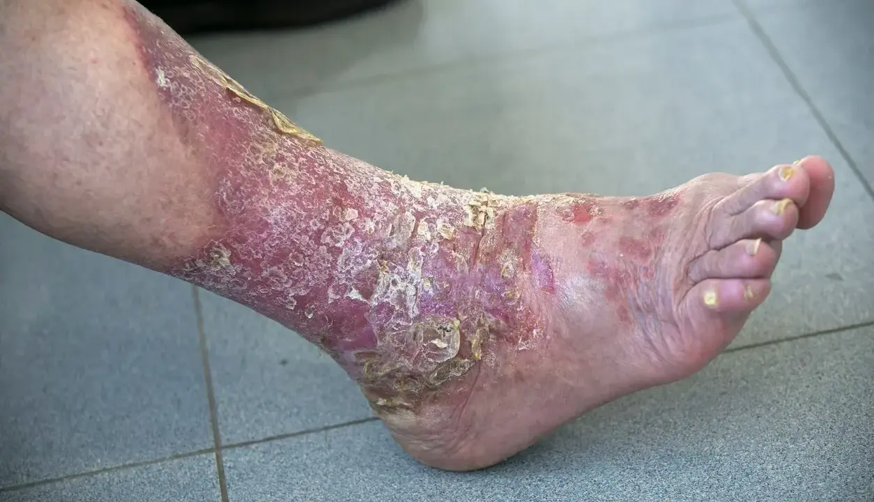 Psoriasis palmo plantaire sévère sur la jambe et le pied, avec peau rouge, squameuse et craquelée.