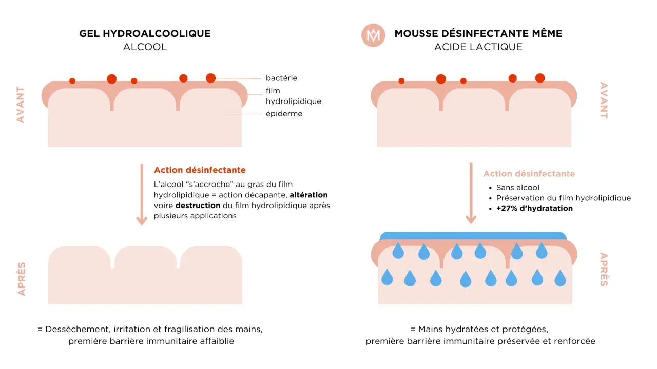 Gel hydroalcoolique : danger d'altération du film hydrolipidique. Mousse désinfectante à acide lactique : préserve et hydrate la peau.
