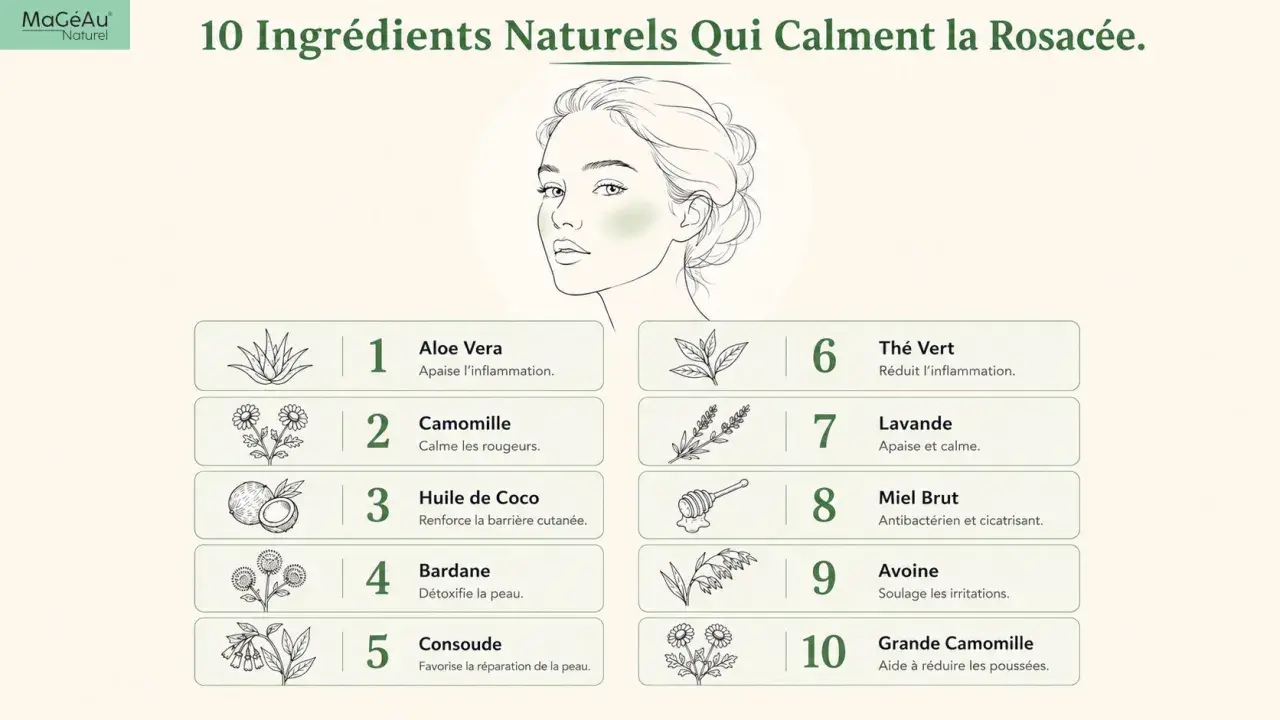 L'aloe vera et la camomille apaisent la peau sujette à la couperose. Illustration d'une femme et liste d'ingrédients naturels.