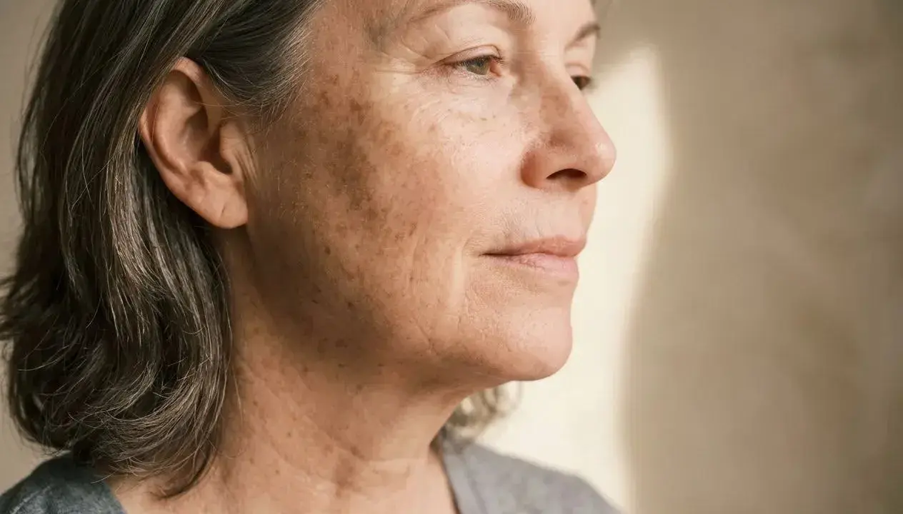 Portrait d'une femme mûre avec des taches brunes sur le visage. Découvrez comment enlever les taches sur le visage en 3 jours pour une peau plus uniforme.