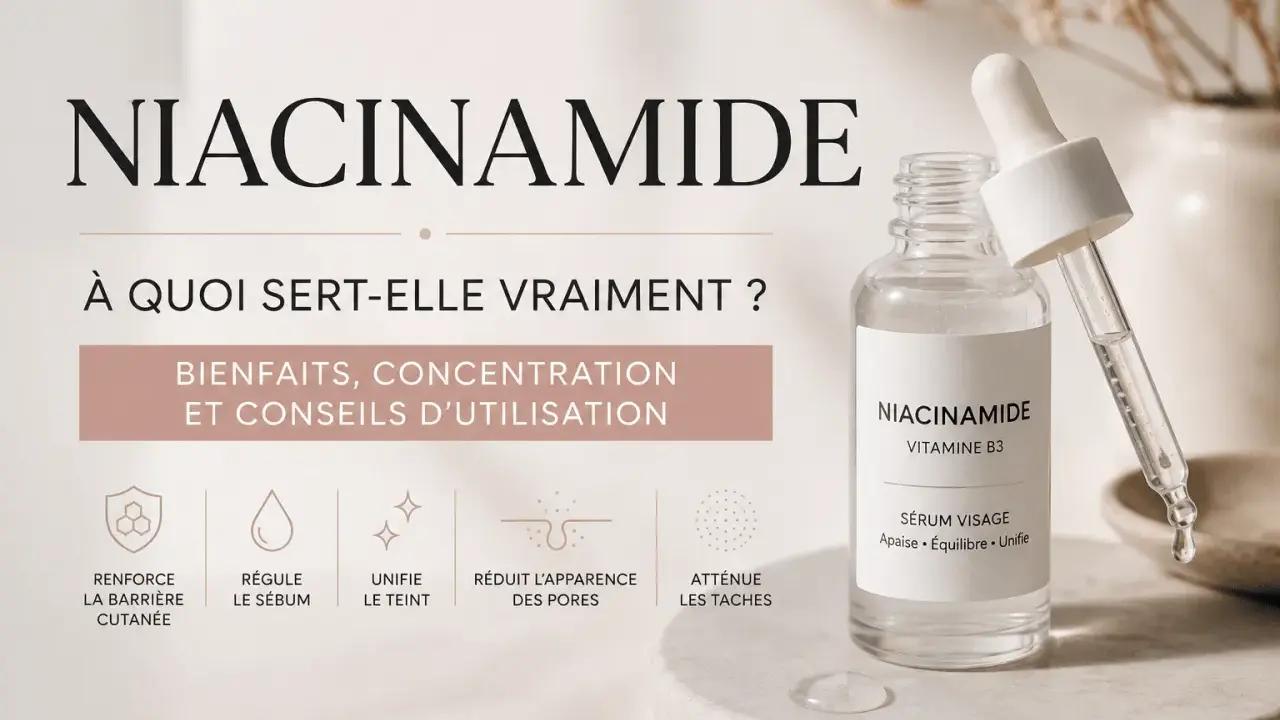 Sérum visage à la niacinamide, expliquant ses bienfaits : renforce la barrière cutanée, régule le sébum, unifie le teint, réduit les pores et atténue les taches. Conseils d'utilisation inclus.