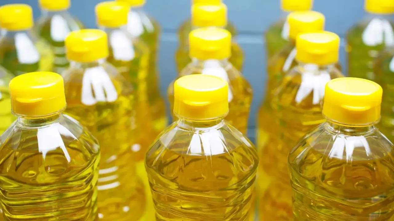 Plusieurs bouteilles d'huile de tournesol, au liquide doré, aux bouchons jaunes vifs. L'huile de tournesol, danger potentiel si mal stockée.