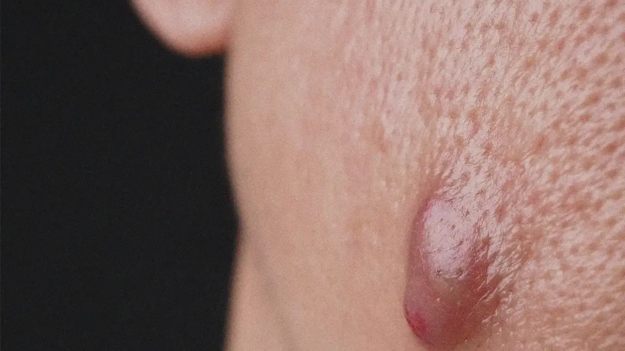 Gros plan sur une peau présentant des pores dilatés et une lésion inflammatoire typique de l'acné conglobata.