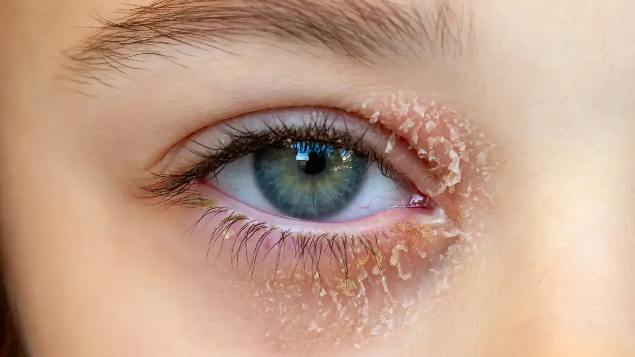 Œil avec peau sèche et squameuse autour, symptôme d'un eczéma paupière.