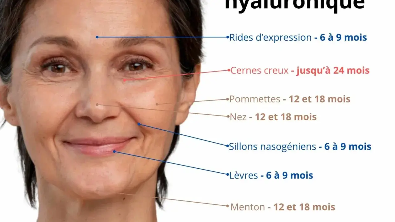 Visage d'une femme avec des lignes indiquant la durée des traitements à l'acide hyaluronique. Attention, l'acide hyaluronique n'assèche pas la peau, il la repulpe.