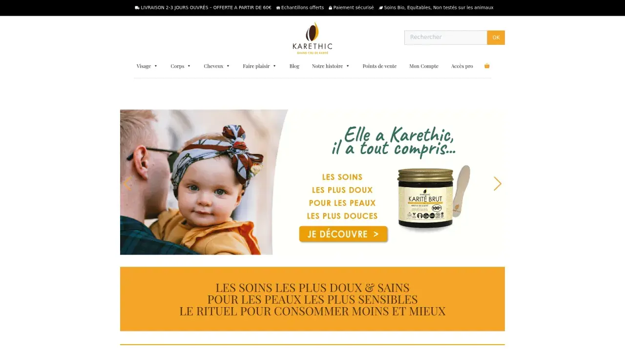 Un père tient son bébé, un exemple d'émollient Karethic est présenté. Soins doux pour peaux sensibles.