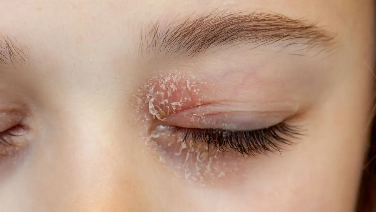 Paupière rouge et irritée avec une plaque rouge sous les yeux allergie, la peau pèle.