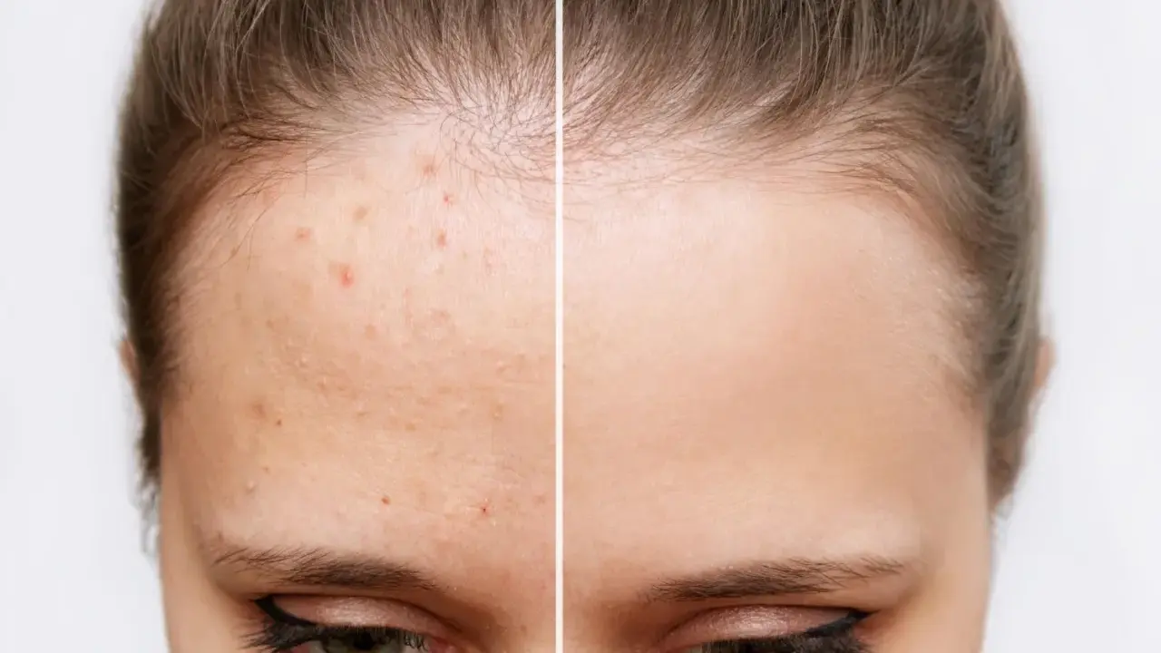 Avant/après : front avec acné et front lisse. L'acide salicylique bienfait pour une peau nette.