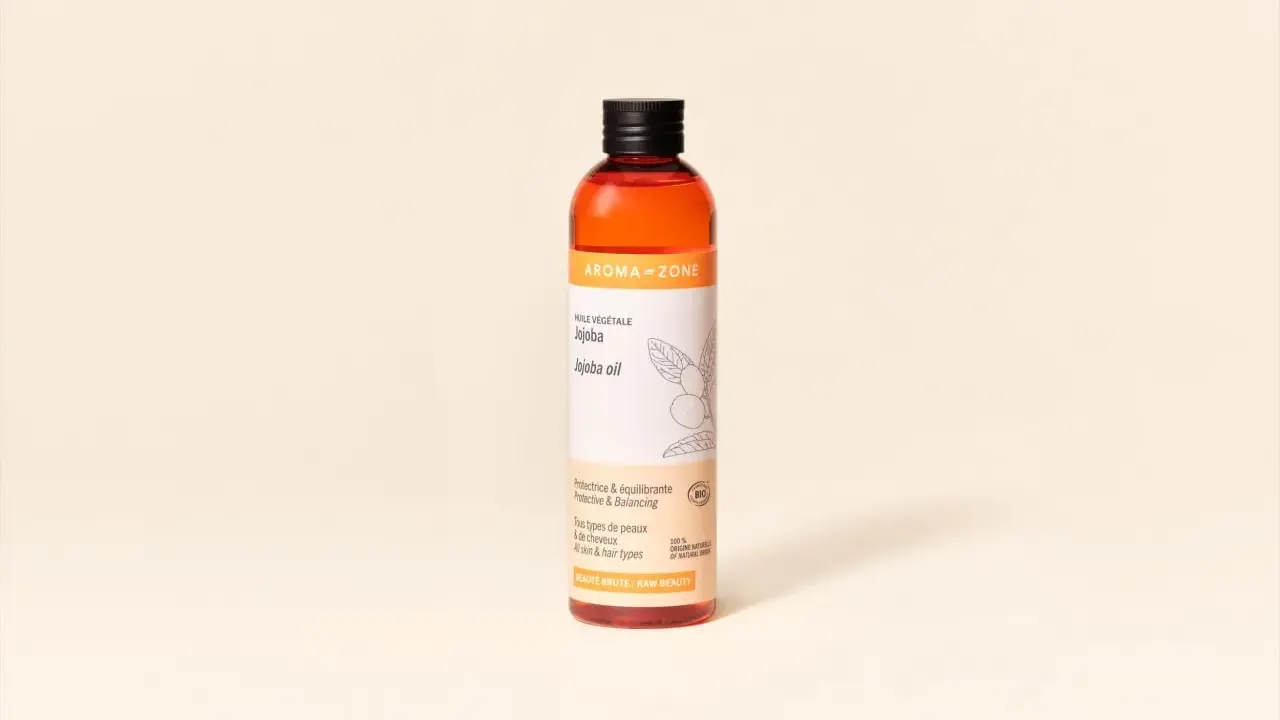 Flacon d'huile de jojoba Aroma-Zone, aux multiples bienfaits pour la peau et les cheveux.