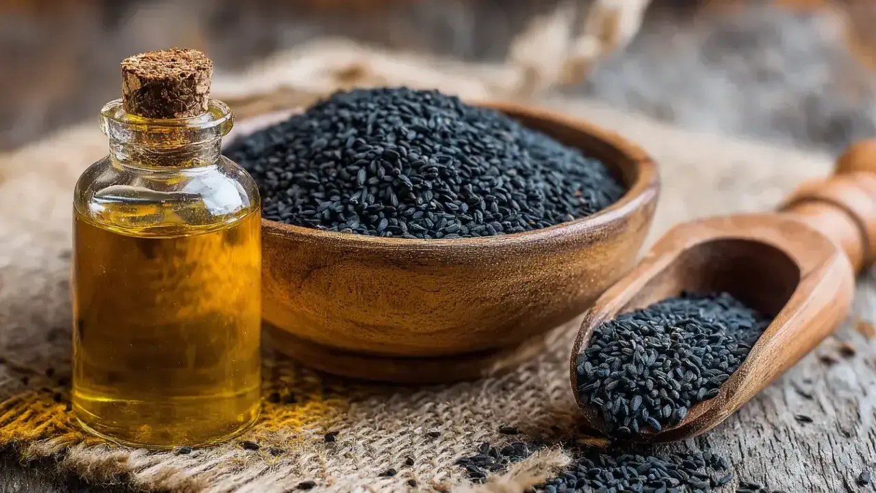 Flacon d'huile de nigelle à côté d'un bol de graines noires. L'huile de nigelle est réputée pour soulager l'eczéma.