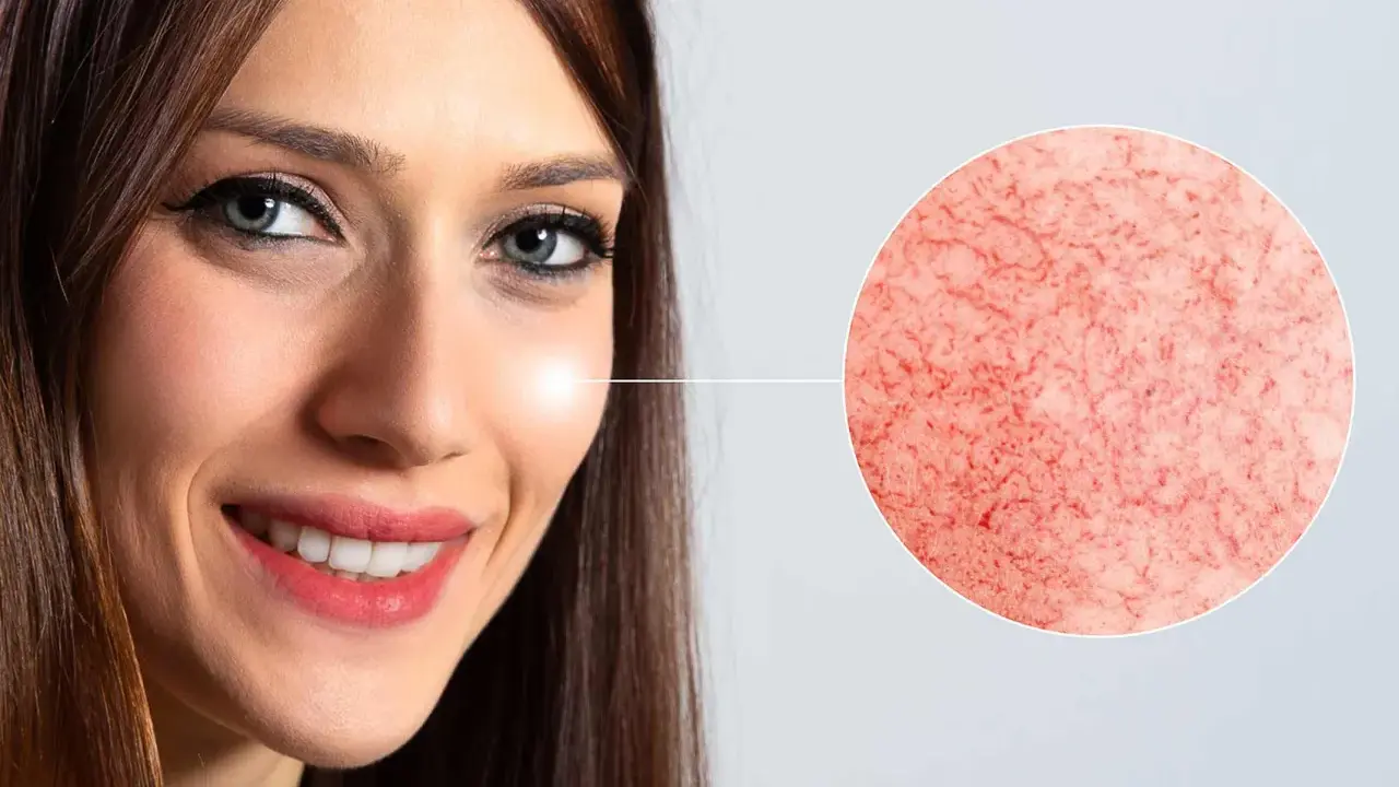 Gros plan sur le visage d'une femme souriante, avec un zoom sur des vaisseaux sanguins dilatés. Pourquoi ce nez rouge ?