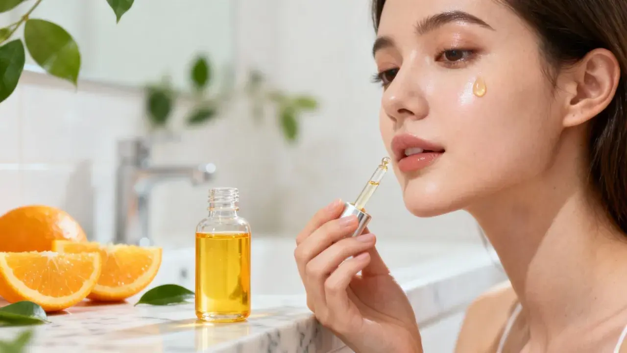 Une femme applique un sérum éclatant, riche en vitamine C et E, inspiré par la fraîcheur des oranges.