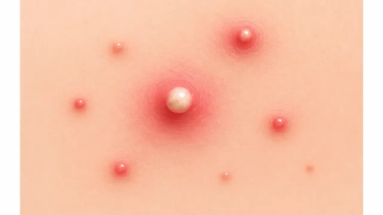 Gros plan sur un type de bouton sur la peau, avec un bouton blanc au centre entouré de rougeurs et de plusieurs petits boutons.