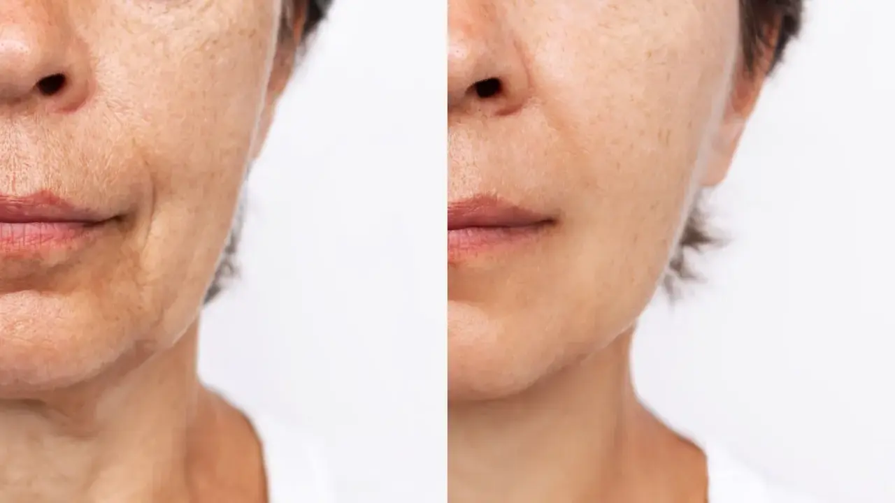 Comparaison avant/après : la peau du visage montre une réduction visible des ridules et une amélioration de la texture.