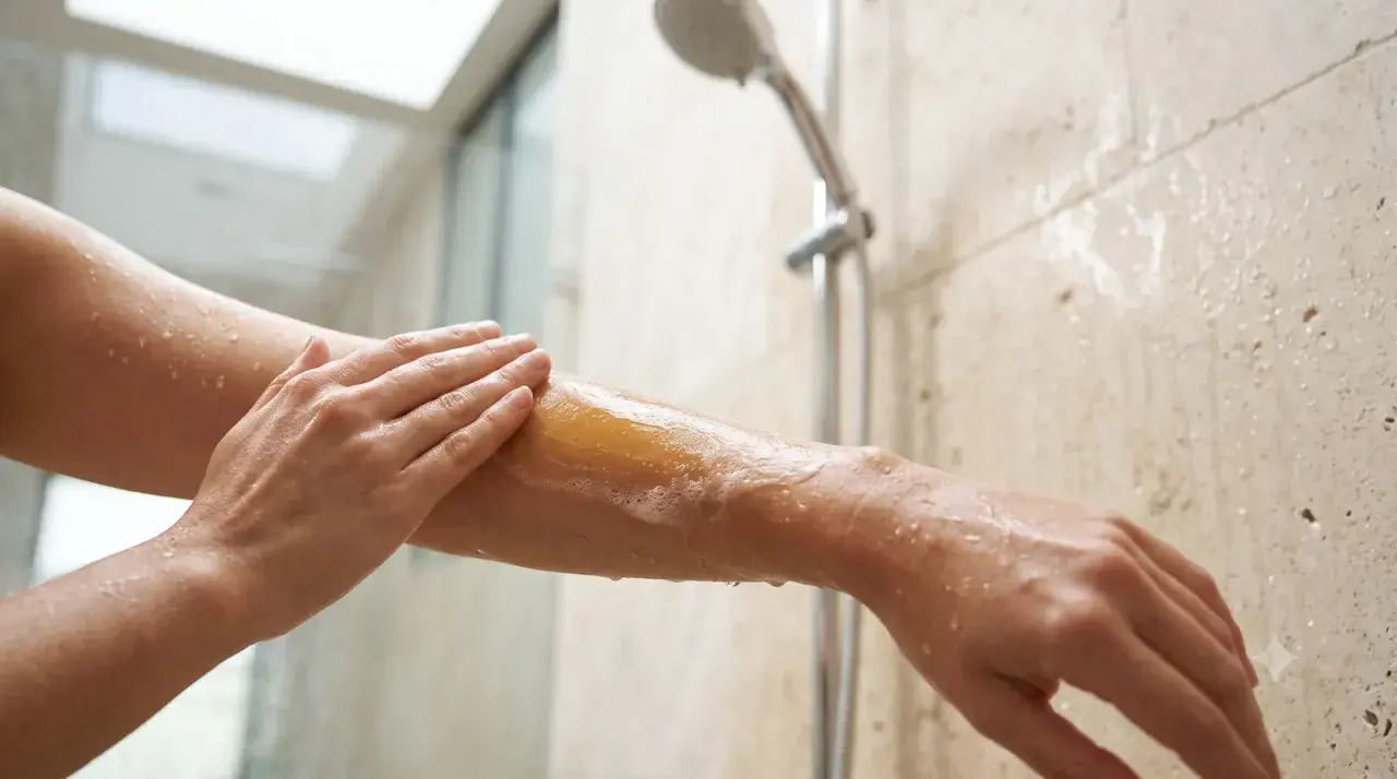 Une main applique du lait de douche moussant sur un bras sous la douche. C'est quoi le lait de douche ? Une expérience hydratante.