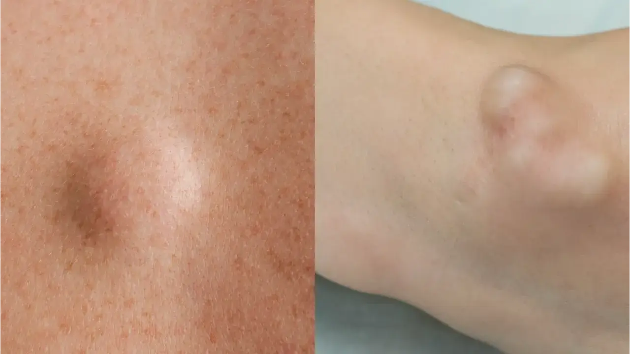 Gros plan sur une peau avec des taches de rousseur et une boule de graisse sous-cutanée sur le bras.