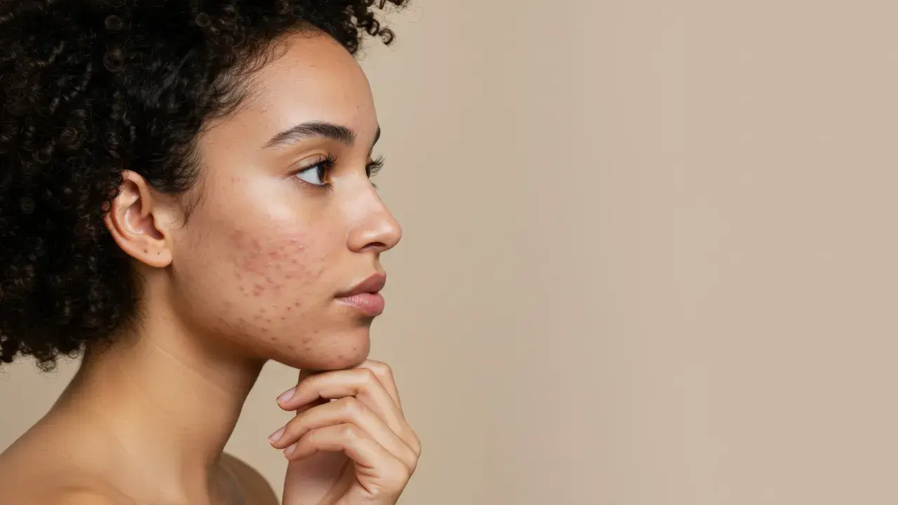 Profil d'une jeune femme avec de l'acné sur la joue, illustrant l'effet du sucre sur la peau.