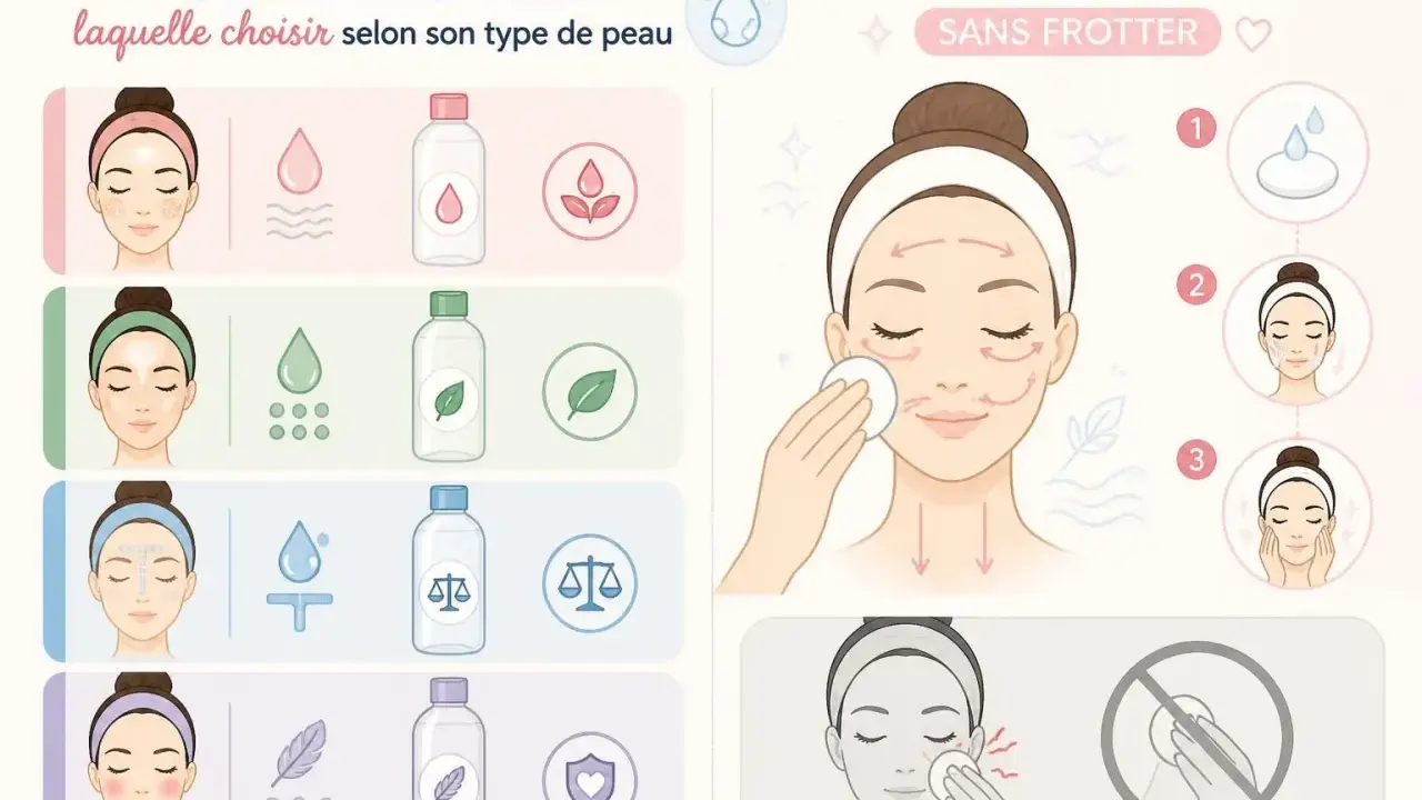 Guide pour choisir l'eau micellaire selon son type de peau et son utilisation sans frotter. La composition de l'eau micellaire est illustrée.