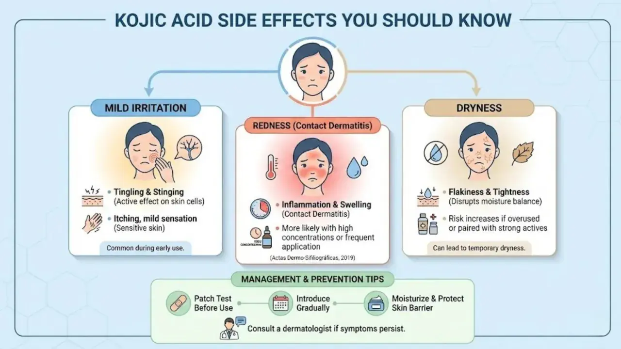 Effets secondaires de l'acide kojique : irritation, rougeur, sécheresse. Le danger de l'acide kojique réside dans ces réactions cutanées.