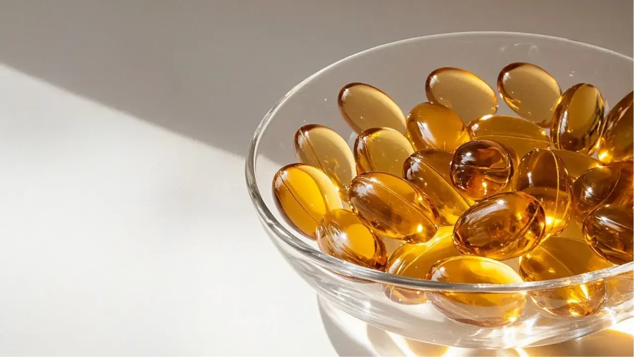 Gouttes dorées dans un bol en verre, évoquant l'huile de nigelle pour la grossesse et le bien-être.