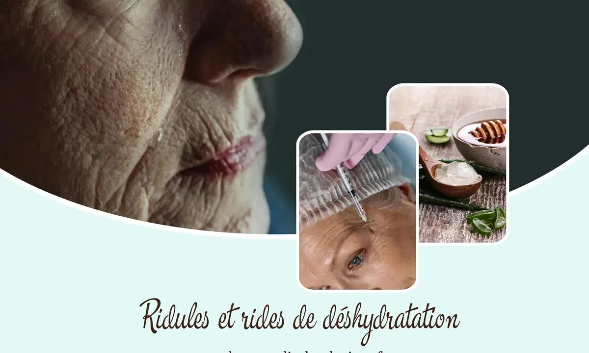 Gros plan sur une peau marquée par des ridules de déshydratation. Une injection et de l'aloe vera suggèrent des solutions.
