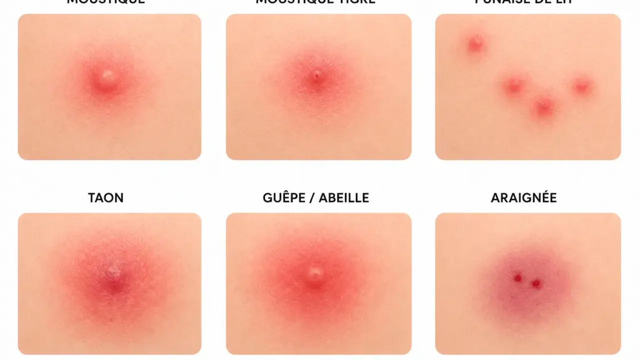 Six images montrant des piqûres d'insectes et d'araignées, certaines semblant faire murir un bouton.