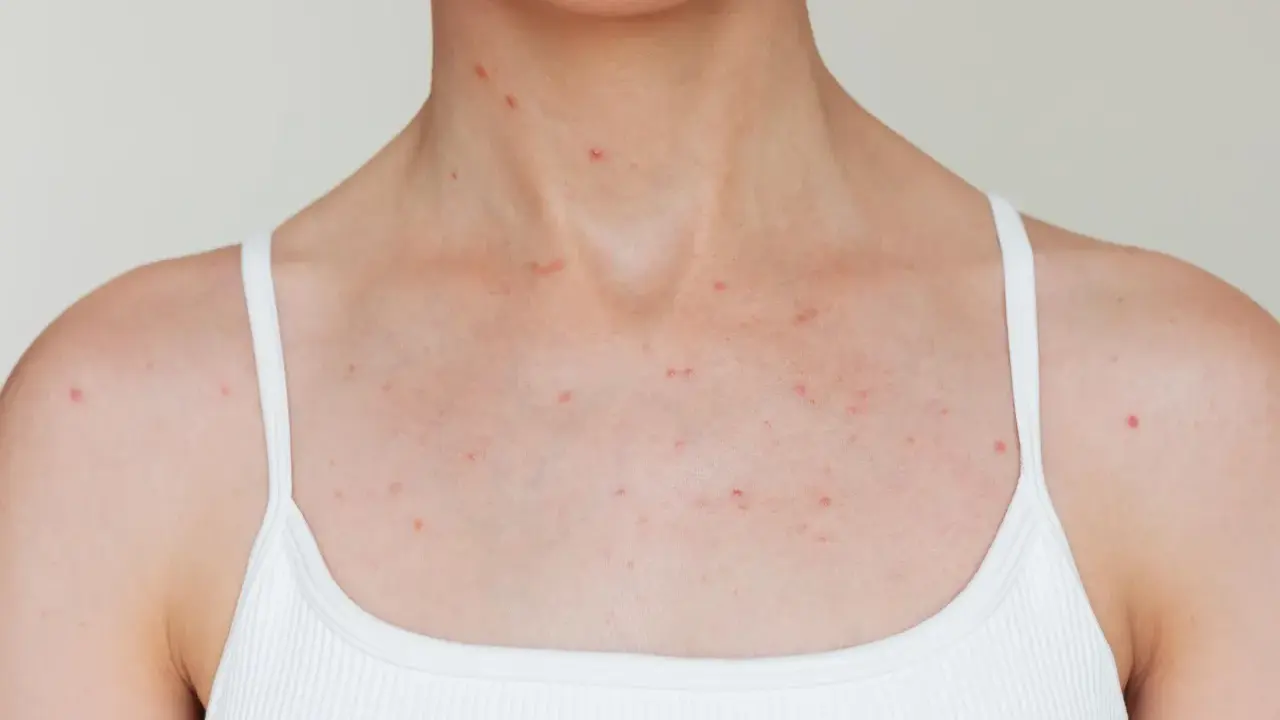 Poitrine et cou d'une personne portant un débardeur blanc, avec de nombreux petits boutons rouges visibles sur la peau.
