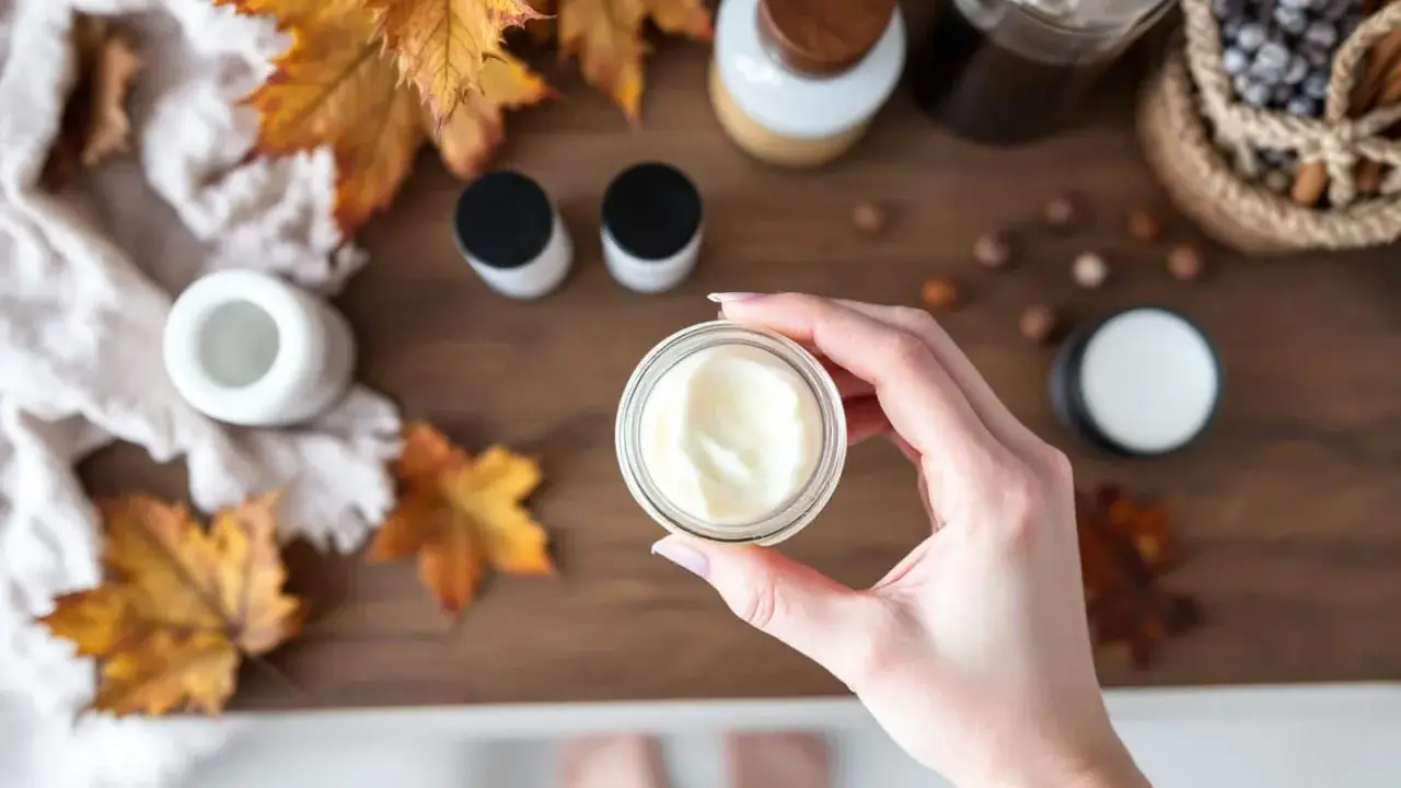 Maintenant, je ne veux plus mettre aucune crème sur ma peau. Une main tient un pot de crème, entouré de feuilles d'automne et de produits de soin.