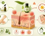 Huile essentielle de tea tree pour soulager l'eczéma. Illustration montrant l'application sur la peau et les effets apaisants.
