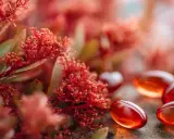 Gélules rouges orangées près de plantes rouges. L'astaxanthine, bien que bénéfique, peut présenter un danger si mal dosée.