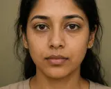 Visage d'une jeune femme avec de petits points blancs sous les yeux, indiquant un grain de milium infecté.